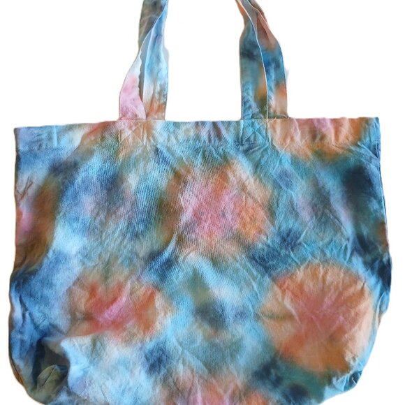 Tie Dye Tote Bag Cotton Reusable Grocery Bag With Blue Pink Orange Handmade - Picture 1 of 16
